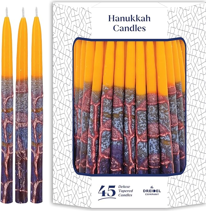 The Dreidel Company 5-Pack Dripless Chanukah Hanukkah Candles Decorative Purple, Blue, Orange, with Orange Frosted Stripes, 45 Candles per Box