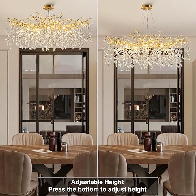 YUYI Modern Crystal Chandelier, 47" Gold Tree Branch Chandelier, 18-Light Round Raindrop Chandeliers for Dining Room, Living Room, Foyer, Entryway, Kitchen, Bedroom, Luxury K9 Crystal Light Fixture