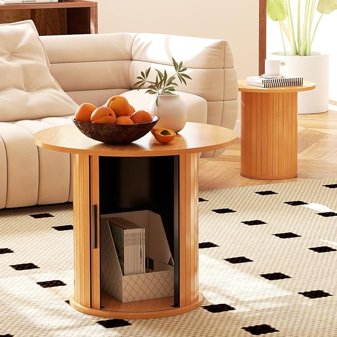 COSVALVE Round Wood Coffee Table 23.6IN with Hidden Storage & Sliding Door, Circle Farmhouse Side Table Sets for Living Room, Bedroom, Balcony, Small Spaces, Natural