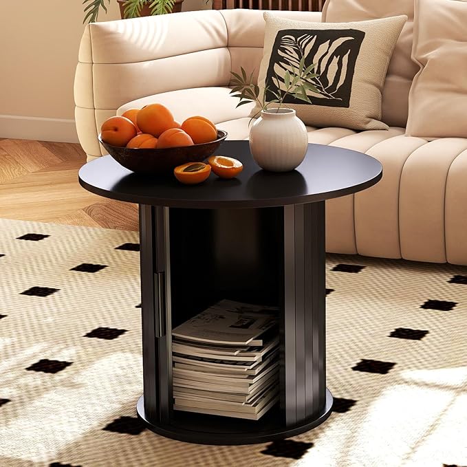 COSVALVE Round Wood Coffee Table 23.6IN with Hidden Storage & Sliding Door, Circle Farmhouse Side Table Sets for Living Room, Bedroom, Balcony, Small Spaces, Black
