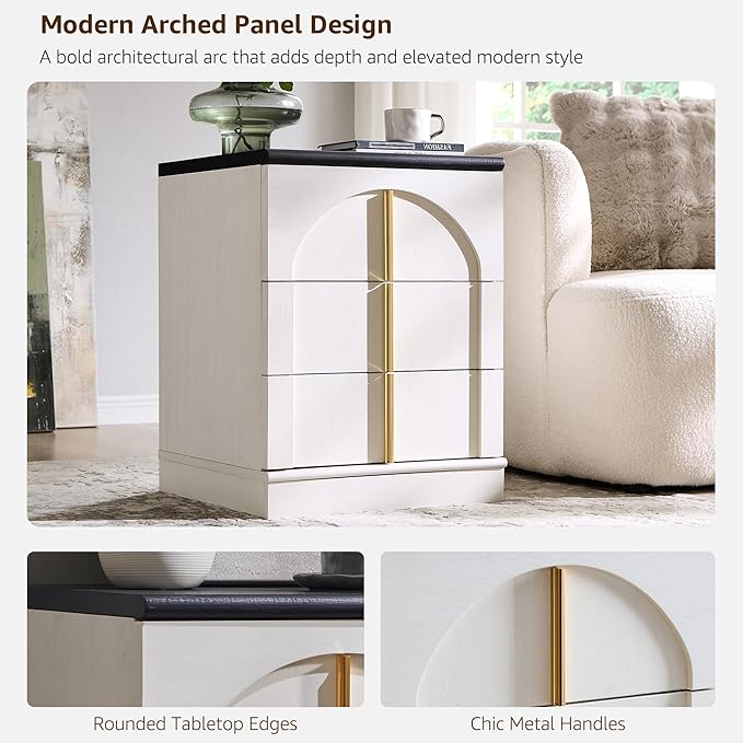 ACCOHOHO Modern Night Stand with Arched Panel, 18" Nightstand with Charging Station, Side Table with 3 Storage Drawers, Wood Square Bedside End Table for Bedroom Living Room, White