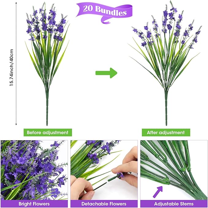 20 Bundles Artificial Lavender Flowers for Outdoors Fake Silk Flowers Faux Plants UV Resistant for Indoor Outside Spring Porch Garden Window Table Box Office Home Decorations, Deep Purple