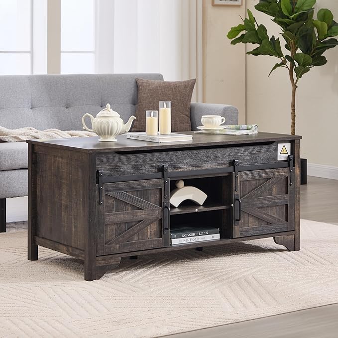 Lift Top Coffee Table with Sliding Barn Door 47.64" W Rustic Storage Coffee Tables, Wood Rectangle Center Table with Hidden Storage Compartment for Home, Office, Black