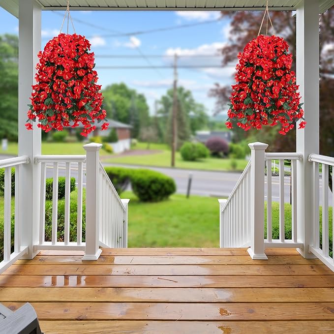 Sggvecsy Artificial Fake Hanging Flowers Plants for Outdoor Outside Spring Summer Decoration 4PCS Faux Silk UV Resistant Realistic Morning Glory Trailing Vines for Home Porch Patio Balcony(Red)