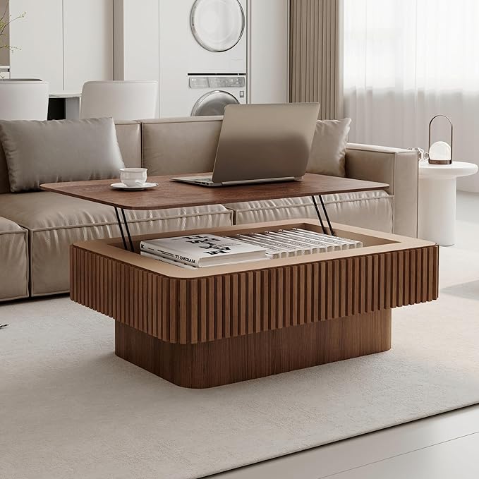 38.6" Lift Top Coffee Table, Modern Fluted Tea Table with Hidden Storage for Living Room, Apartment or Office, Walnut