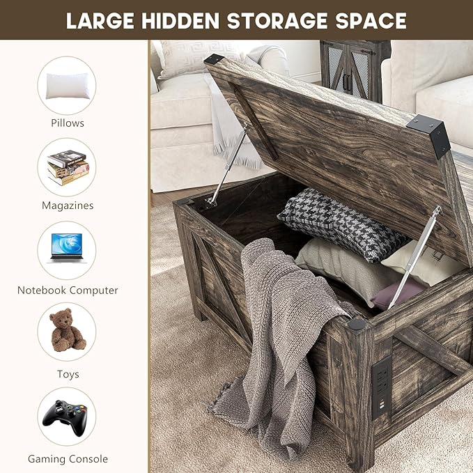 Farmhouse Lift Top Coffee Table with Storage, Wood Square Center Table with Charging Station&USB Port, Living Room Table w/Large Hidden Space, for Living Room, Bedroom, Home Office, Dark Grey