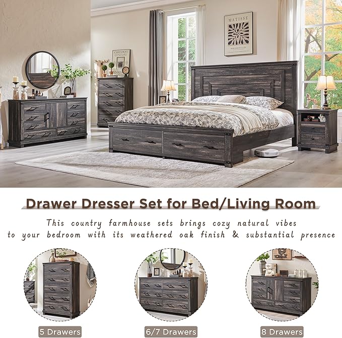 RedLemon Farmhouse Nightstand with Charging Station, 18" Rustic Night Stand with 2 Storage Drawers, Wood End Table for Bedroom, Living Room, Dark Rustic Oak Color