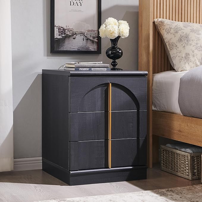 ACCOHOHO Modern Night Stand with Arched Panel, 18" Nightstand with Charging Station, Side Table with 3 Storage Drawers, Wood Square Bedside End Table for Bedroom Living Room, Black