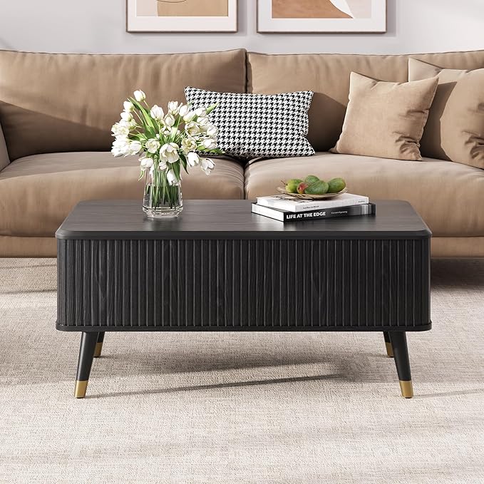 Lift Top Coffee Table with Storage, Mid Century Modern Walnut Fluted Coffee Table, Rectangular Wood Center Table with Rising Desktop & Open Shelf for Work from Home, Living Room, Black