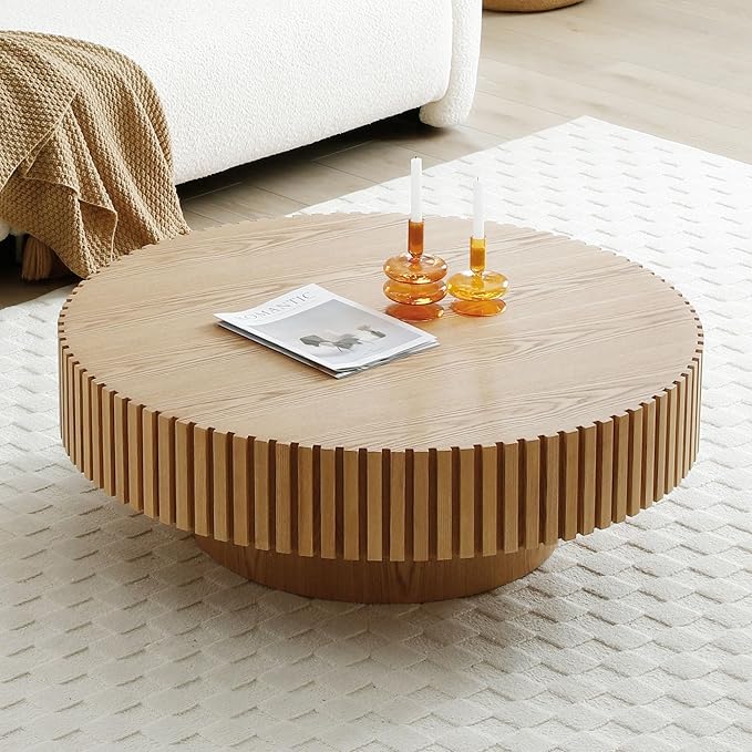 31.49" Modern Round Coffee Table,Sturdy MDF Material Pedestal Base,Fluted Wood Top,Luxury Drum Accent Table for Living Room,Kitchen,Apartment (Natural Ash,Round+Ø31.49 x13.97)