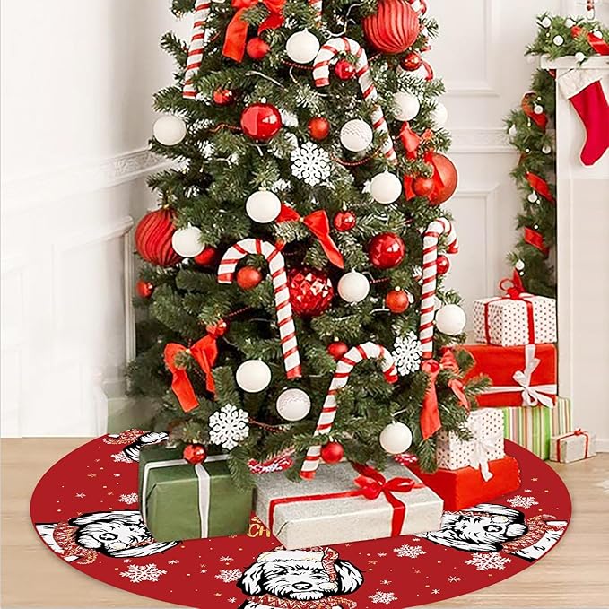 Christmas Tree Skirt Red Tree Skirt Golden Doodle Xmas Winter Tree Skirt 48 Inch for Dog Christmas Indoor Outdoor Decorations