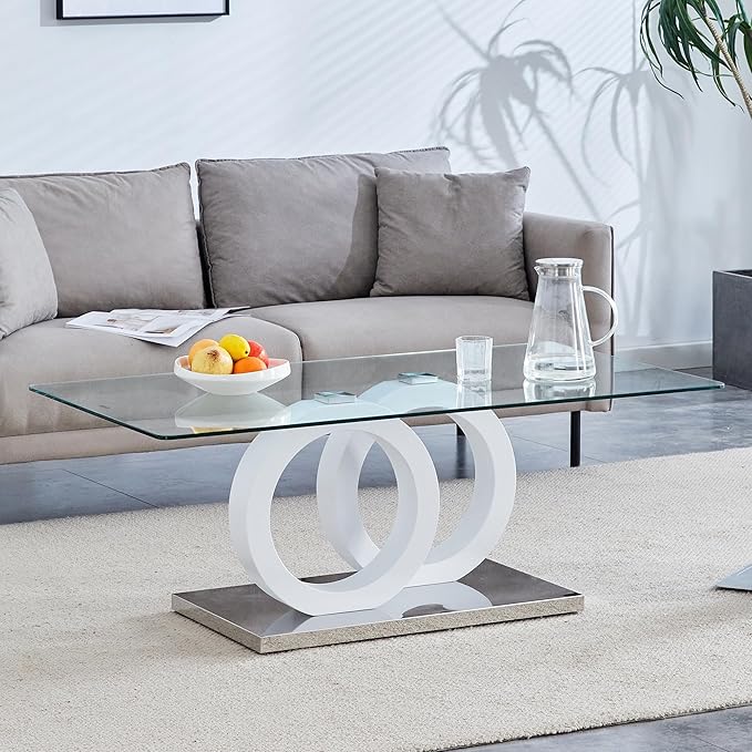 Modern Glass Coffee Table, 47” White Rectangular Coffee Table for Living Room, Clear Center Table with Tempered Glass Top and Glossy White Base