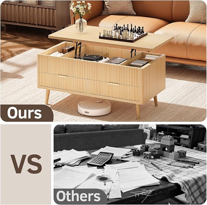 Fluted Lift Top Coffee Table- Wood Coffee Tables with Storage for Living Room, Mid Century Modern Square Large Center Table with Drawers & Hidden Compartment for Home Office, Reception