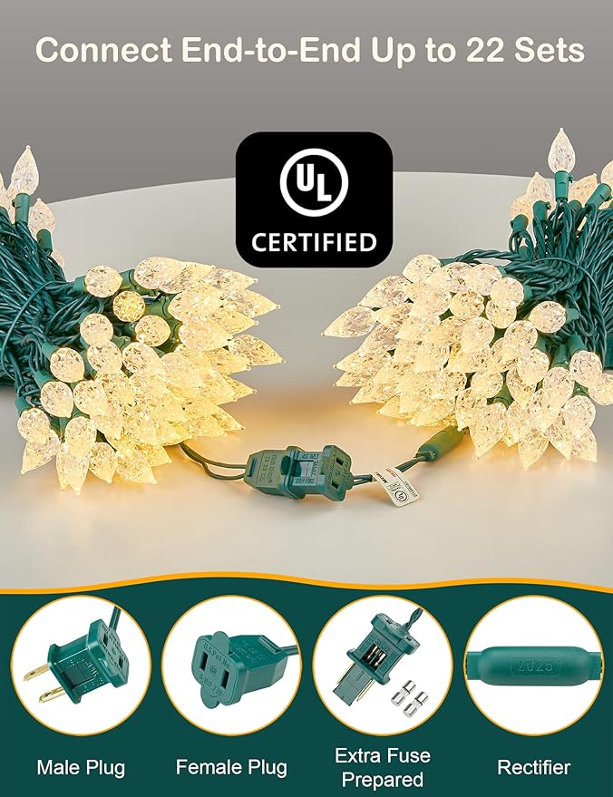 BOHON Christmas Lights Outdoor, Faceted C6 50ft 100 LED String Lights Plug in, Extendable Green Wire Christmas String Lights for Indoor Patio Xmas Tree Decoration (Warm White)