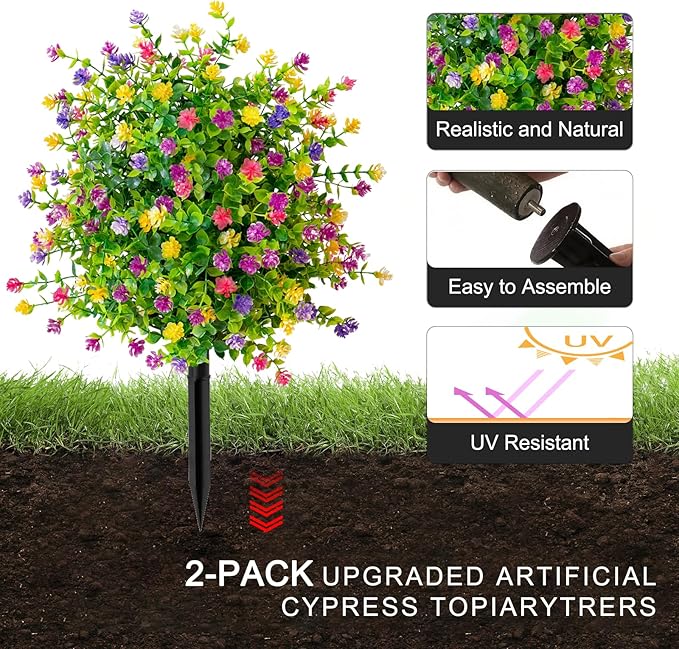 2Pcs 22" Artificial Boxwood Topiary Ball with Flowers Plants with Ground Spikes for Outdoor UV Resistant Realistic Fake Bushes Plants for Garden Yard Front Porch Patio Decor (Colorful Camellia)