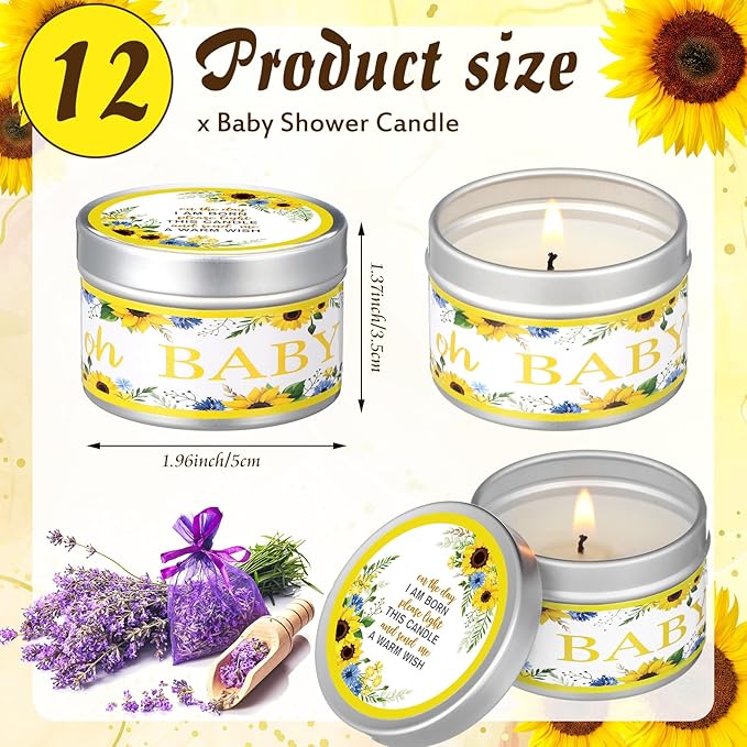 Funtery 12 Pcs Baby Shower Party Favors for Guests Baby Shower Candles Lavender Scented Candle Rustic Tealights Candles Gender Reveal Return Gifts(Sunflower)