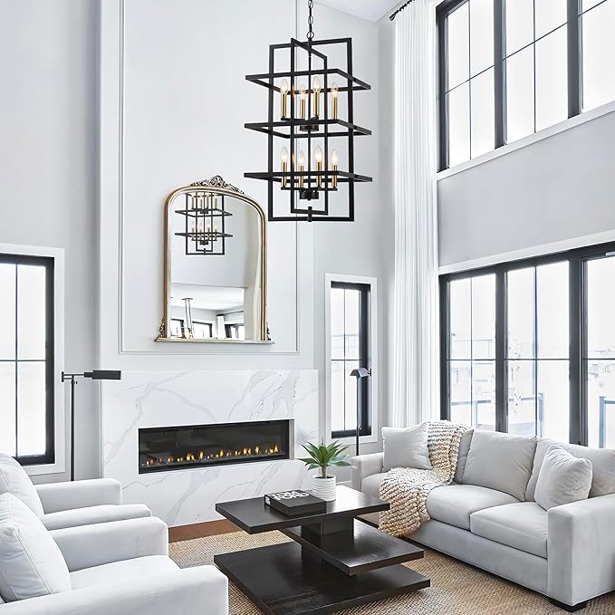 33.46" Large Black Chandelier for High Ceilings Tiered Pendant Light Fixtures Rectangular Farmhouse Chandelier for Foyer Entryway Staircase Living Room Kitchen Island 8 Lights