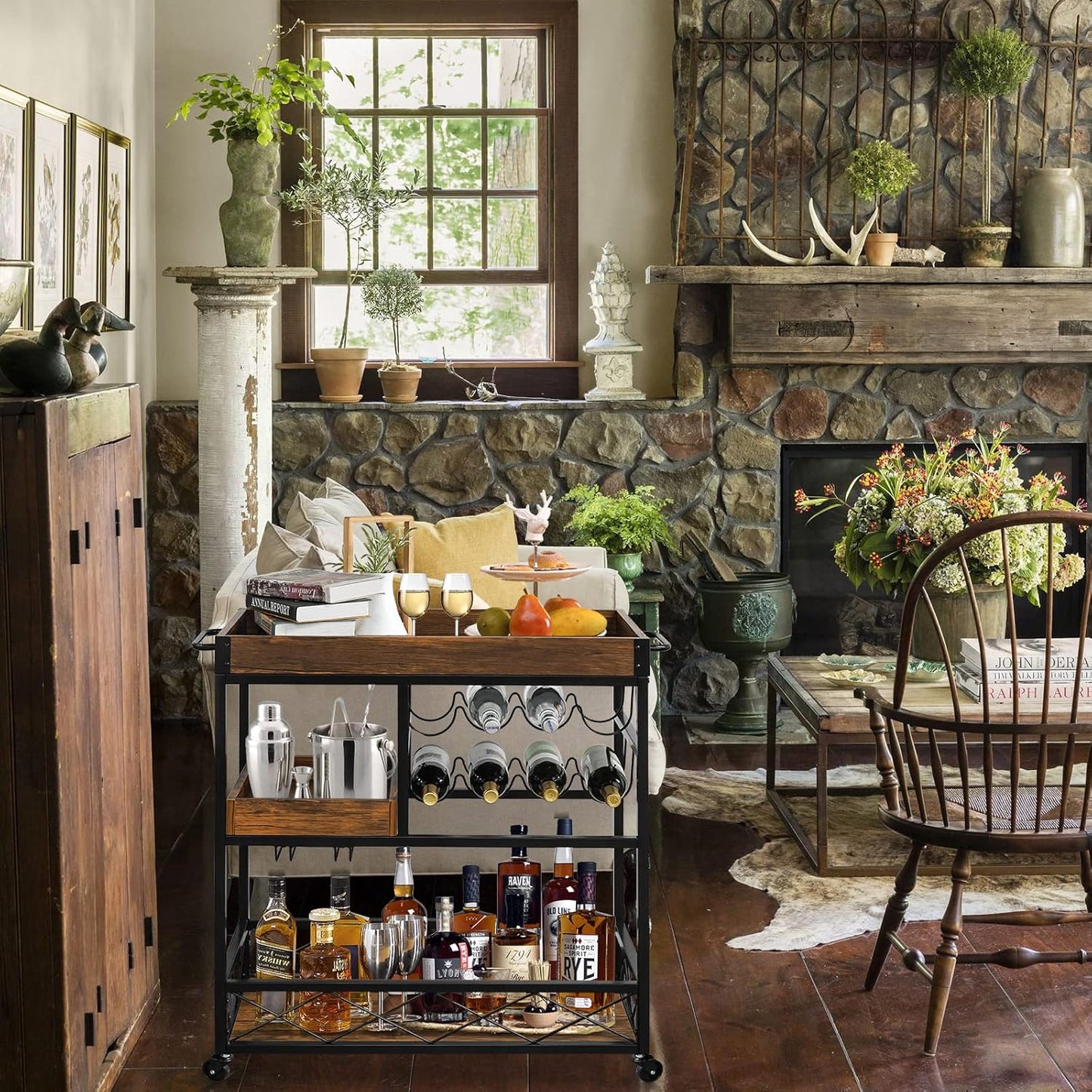 Bar Cart Industrial Kitchen Serving Carts for Home 3 Tier Storage Trolley with Wine Rack Glasses Holder Two Portable Trays Universal Casters with Brakes Rustic Rolling Cart Alcoholic Beverage