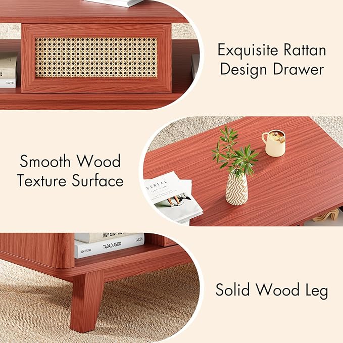Soohow Coffee Table, Mid Century Living Room Tables with Storage, Modern Square with Rattan Drawer, Wooden Living Room Table with Solid Wood Leg