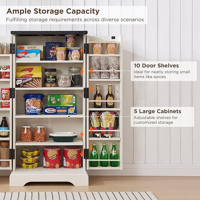ACCOHOHO 47" Kitchen Pantry, Farmhouse Storage Cabinet with Barn Doors, Organizer and Adjustable Shelves, Rustic Wood Cupboard for Kitchen, Dining Room, Bathroom and Hallway, Off White