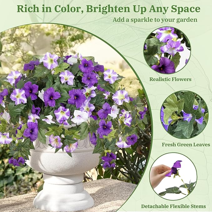 Artificial Fake Flowers Plants for Outdoors Decoration 2PCS No Fade Faux Petunias UV Resistant Realistic Silk Flowers for Home Garden Balcony Yard Porch Deco (Purple White)