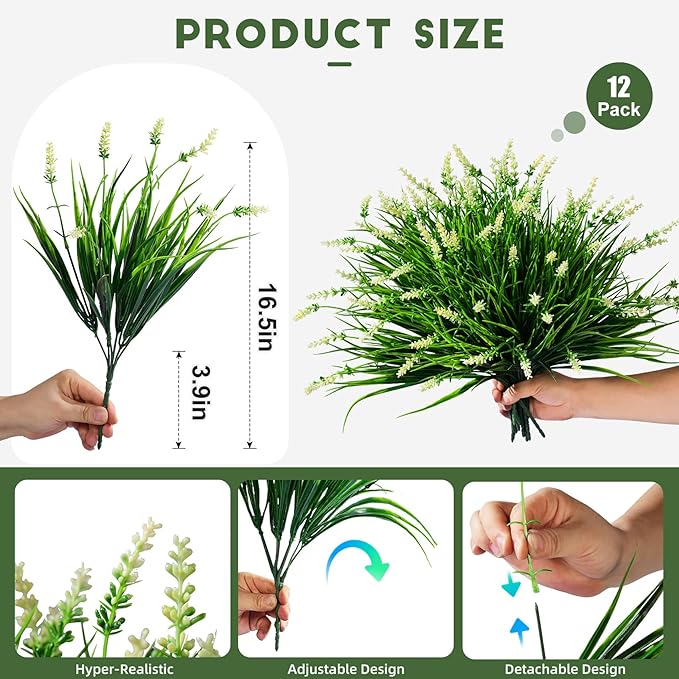 12 Bundles Artificial Lavender Flowers Faux Plants for Outdoor Fake Monkey Grass with Flowers Realistic Faux Greenery Shrubs for Porch Planters Patio Garden Window Boxes Pathway Decor (White)
