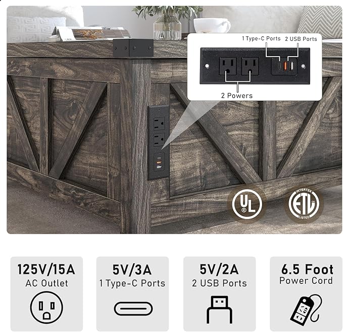 Farmhouse Lift Top Coffee Table with Storage, Wood Square Center Table with Charging Station&USB Port, Living Room Table w/Large Hidden Space, for Living Room, Bedroom, Home Office, Dark Grey