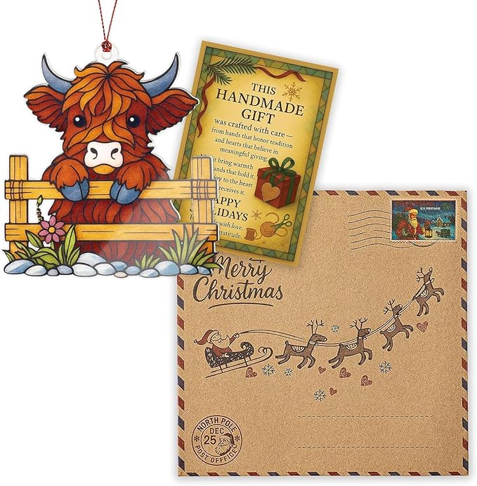 Highland Cow Ornaments, Highland Cow Gifts, Christmas Ornaments 2025, Cute Christmas Ornament, Farmhouse Xmas Orrnaments, Suncatcher Effect Stained Glass Window Hanging, Xmas Tree Hanging Decoration