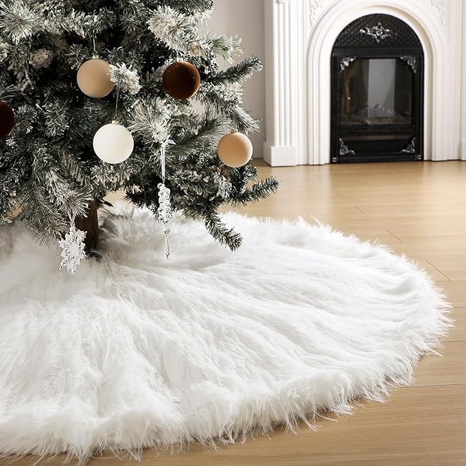 60 Inch Extra Large Faux Fur Christmas Tree Skirt, White Long Fur Fluffy Tree Skirt Plush Luxury Soft Warm for Home Xmas Party Holiday Indoor Decor