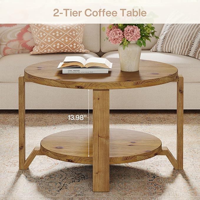 Tribesigns 30" Solid Wood Coffee Table, Round Small Coffee Table with 2-Tier Storage for Living Room, Farmhouse Brown Round Solid Wood Accent, Circle Center Furniture with Natural Texture Design