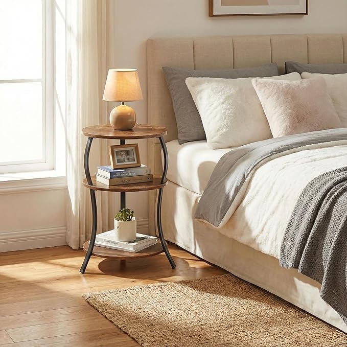 Round Side Table, 3-Tier End Table with Storage Shelf for Narrow and Small Spaces, Round Sofa Table Vintage Corner Tables for Living Room,Bedroom Nightstand/Rustic Brown
