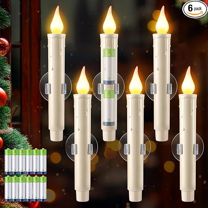 Enhon 6 Pcs Battery Operated Window Candles, Ivory LED Christmas Window Candles with Sensor Dusk to Dawn, Cordless Flameless Taper Candlestick with Battery & Suction Cup for Xmas Wedding Decorations
