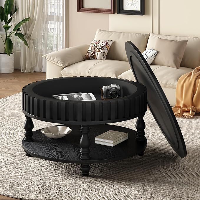 Homora Farmhouse Fluted Coffee Table with Hidden Storage, Rustic Round Center Table with Solid Wood Legs, Circle Wooden Tea Table for Small Space Living Room, 31.49''L × 31.49''W × 16.53''H, Black