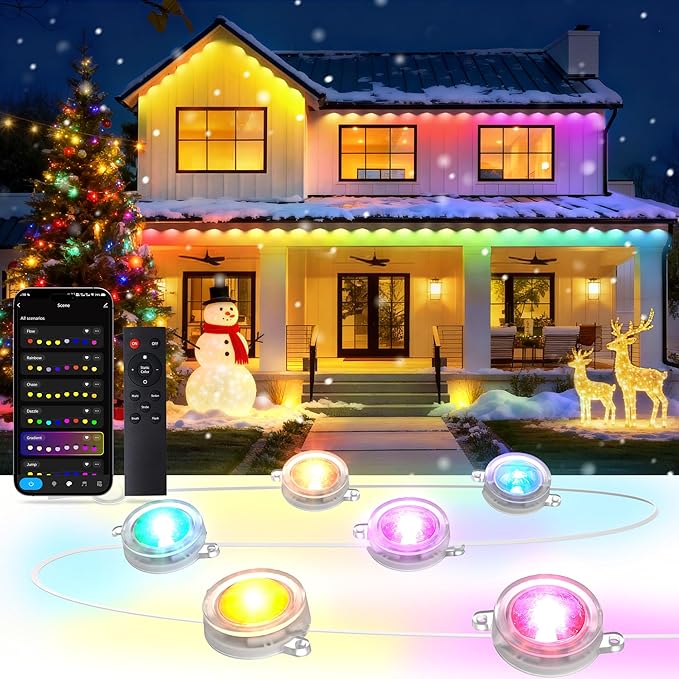 RGB+IC Permanent Outdoor Lights, 100Ft Smart Eave Lights, String Lights, IP67 Waterproof for House Garden Christmas Decor Birthday Gift with Alexa, Google Assistant APP/Remote Control