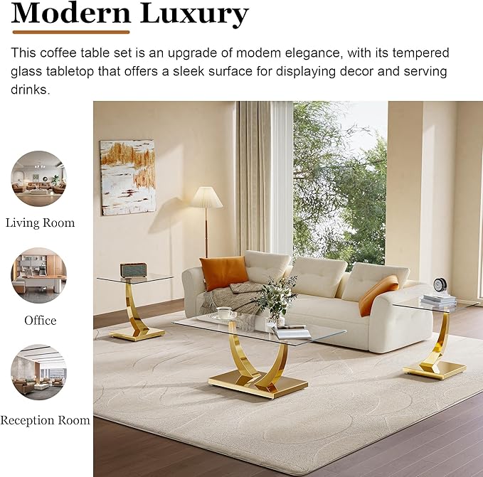 Modern Glass 3 Piece Living Room Table Set, Coffee Table Set with 1 Coffee Table and 2 End Tables, Tempered Glass Top and Gold Horn-Shaped Stainless Steel Base for Living Room, Office