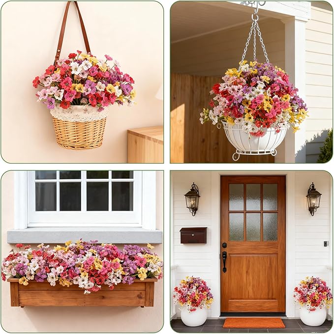 Artificial Flowers for Outdoor Faux Plants for Spring Summer Decoration, UV Resistant Realistic Silk Plastic Fake Flowers Garden Porch Patio Balcony Yard Front Home Decor, 24 Bundles