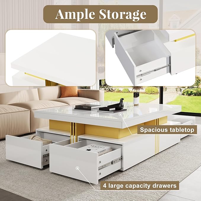 Merax 43.3" Modern Glossy Square Storage Coffee Table with 4 Drawers, Gold Accents, Functional Center Tables for Living Room Apartment, Glossy White