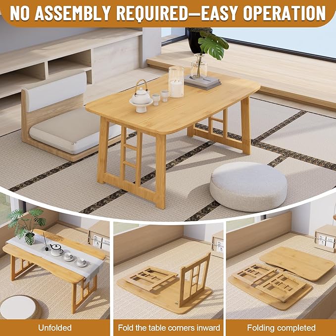 Japanese Folding Coffee Table,Bamboo Foldable Floor Low Table, Meditation Tea Table for Sitting On The Floor Suitable for Tatami Living Room Bay Window, No Assembly Required (Wood Color)