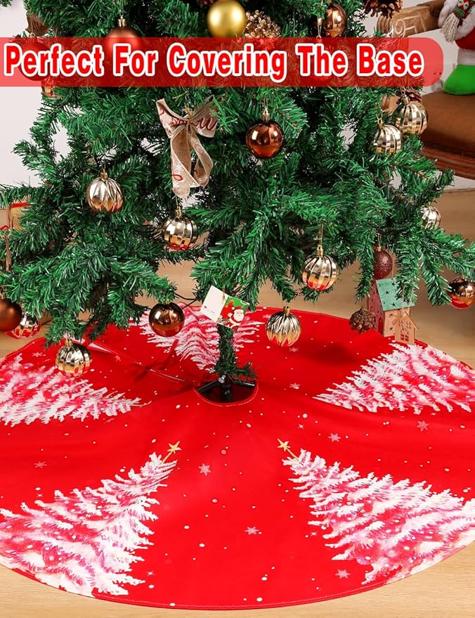 Christmas Tree Skirt 48 Inch, Red Christmas Tree Skirt with Christmas Tree Design, Thick Flannel Fabric, Rustic Farmhouse Xmas Tree Skirt for Holiday Decorations, Indoor Christmas Party