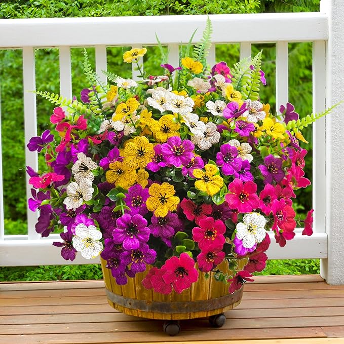 Artificial Fake Flowers for Outdoors,16 Bundles Artificial Plants Outdoor Faux Plants UV Resistant, Realistic Faux Silk Flower 6 Colors Spring Summer Decor for Porch Outside Planter Window Box