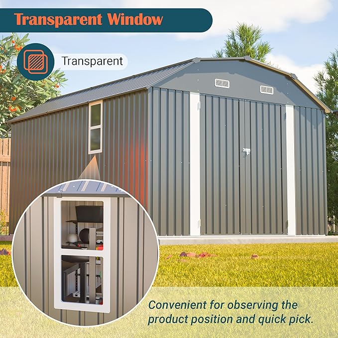 10x12 FT Metal Storage Shed with Floor Frame, Heavy-Duty Outdoor Storage Building with Diamond Roof, 4 Air Vents, Transparent Window & Lockable Double Doors, Snow-Resistant Backyard Garage Shed