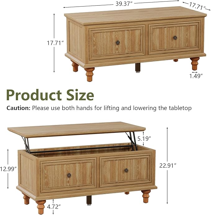 Lift Top Coffee Table with Storage, 39" Wood Rectangular Center Table with Lifting Top, Sturdy Space-Saving Dining Table for Living Room Home Office Small Space (Natural)