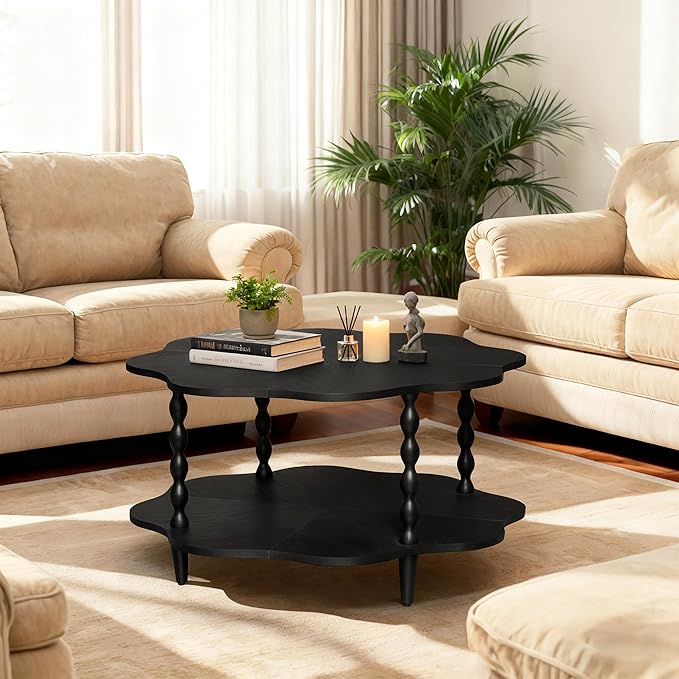 31.5" Coffee Table, 2-Tier Center Table with Storage Shelf for Living Room, Small Space Home Office, Flower Shape, Easy to Assemble