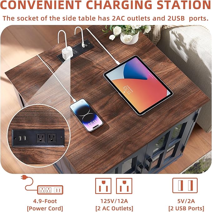 Farmhouse End Table with Charging Station,24" Large Sofa Side Table with Glass Barn Door,Rustic Wood Night Stand with Adjustable Storage Shelf,Square Bedside Table for Living Room,Bedroom Office