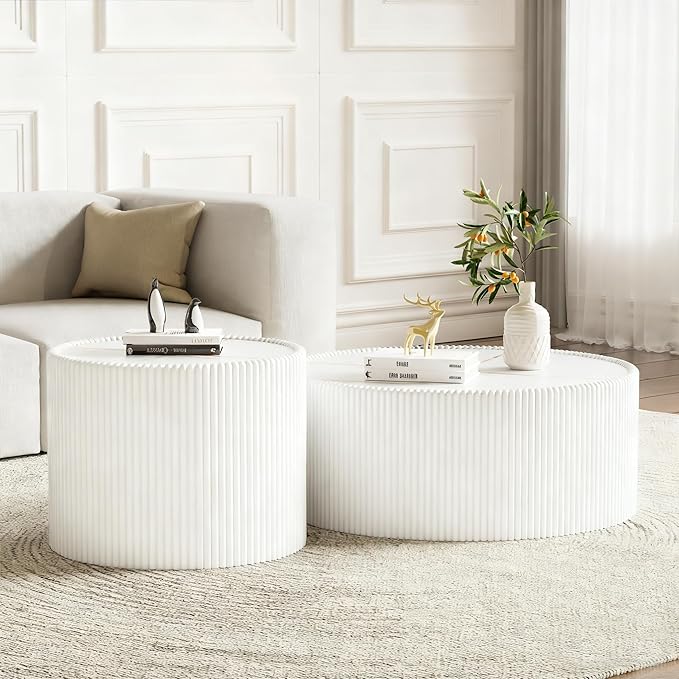 Round Living Room Table Set, 29.52" White Drum Center Table and 17.71" White Coffee Table Set, 2 Pieces Coffee Table Set with Sintered Stone Tabletop, Fluted PU Leather Covered and StableBase