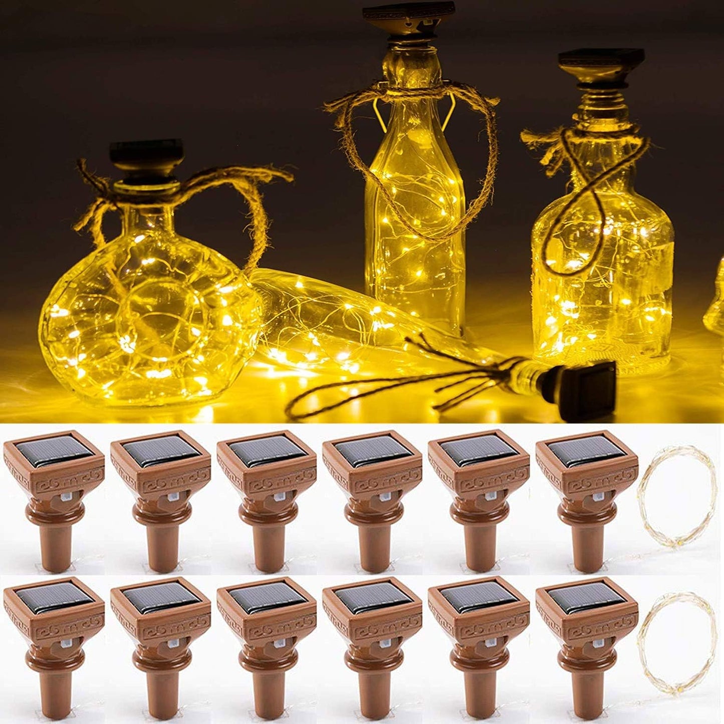 YJFWAL Upgraded 12 Pack Solar Wine Bottle Lights, 20 LEDs Waterproof Copper Light, Bottle Light Fairy Cork String Lights for Yard Patio Decor, DIY Birthday Gift for Mom Grandma Girlfriend(Warm White)