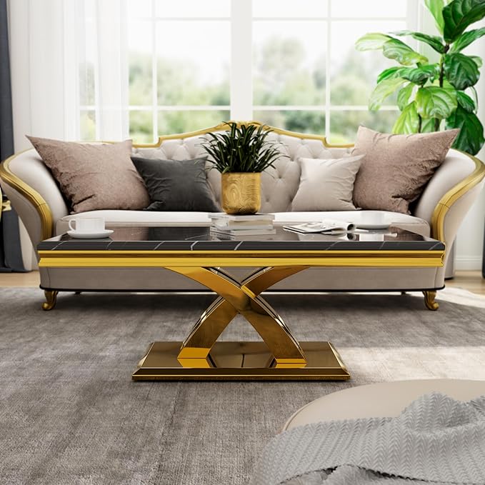 AUZ 2 Pieces Black Gold Living Room Table Set, Coffee Table and Console Table with X-Shape Design Polished Stainless Steel Frame