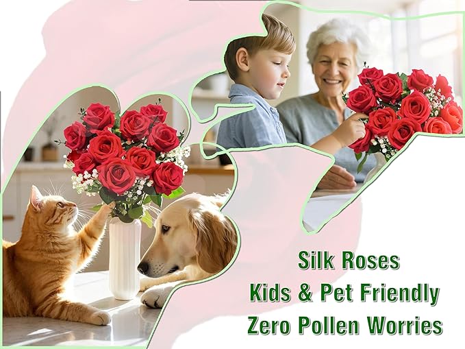 10 Stems Artificial Roses Bouquet with 4pcs Artificial Baby's Breath 6pcs Artificial Eucalyptus Leaves Stems, for Silk Floral Arrangement or Space Decoration (Red)