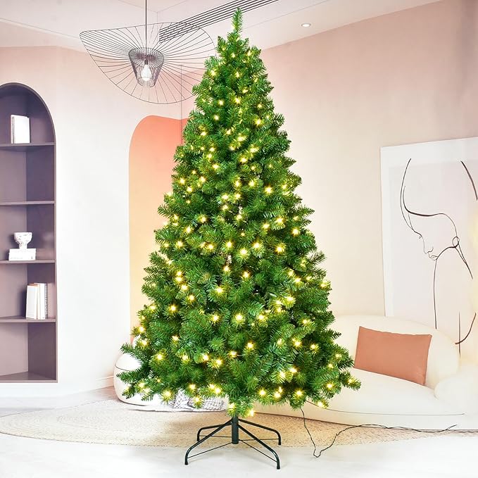 YULETIME 6.5ft Pre-Lit Christmas Tree, Hinged Green Artificial Holiday Decorative Tree with UL Listed 300 Warm White LED Christmas Lights (6.5' Warm White)