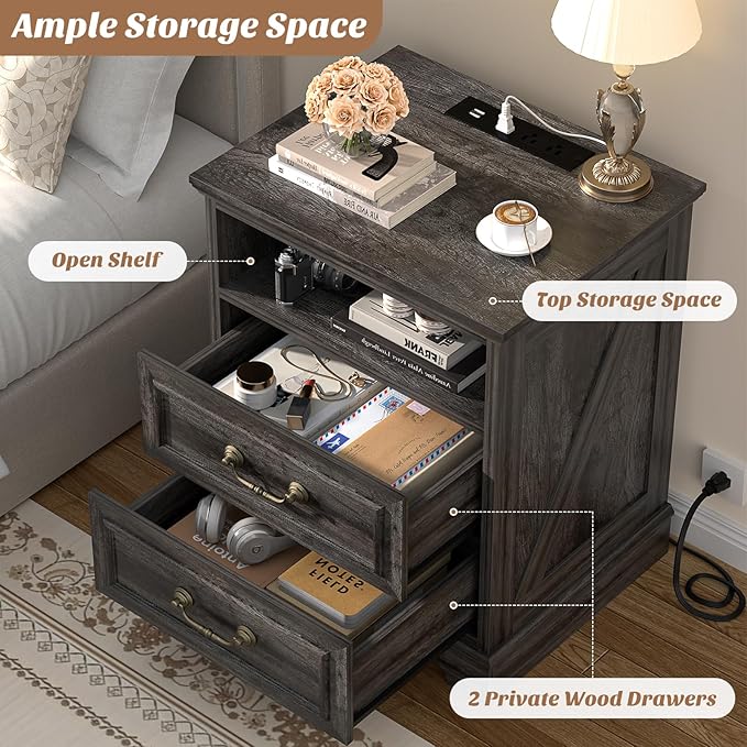 Unikito Farmhouse Nightstand with Charging Station, Bedside Table with 2 Large Drawers & Vintage Handles, Side Table with Open Storage for Bedroom Living Room Sofa Couch Office (Gray Oak)